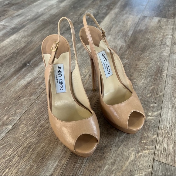 Jimmy Choo Tan Platform Peep-Toe Heels - Picture 1 of 13